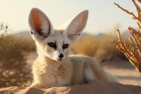 Portrait of a young fennec fox sitting in the desertの素材