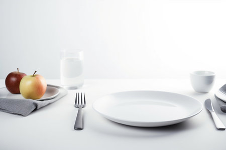 Table setting with empty plate, cutlery and apples on white backgroundの素材