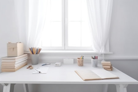 workplace with laptop, books and stationery on table near windowの素材