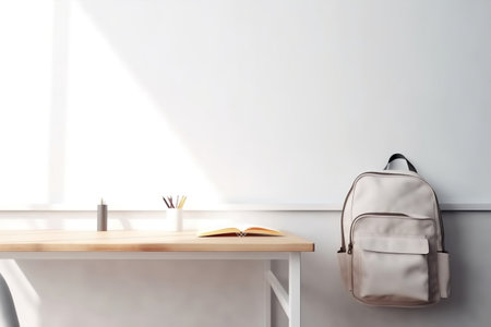 Close up of a wooden desk with a backpack and a notebook in front of a white wall. 3d rendering mock-upの素材