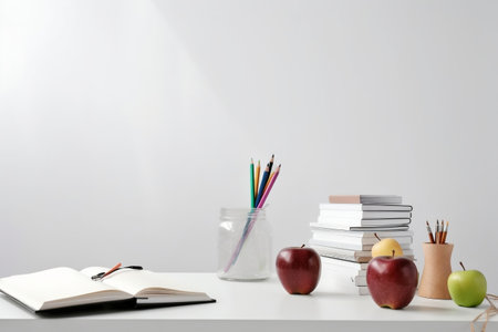 White desk with books, pencils and apple on white background.の素材