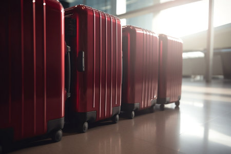 Row of red suitcases in airport terminal, shallow depth of fieldの素材
