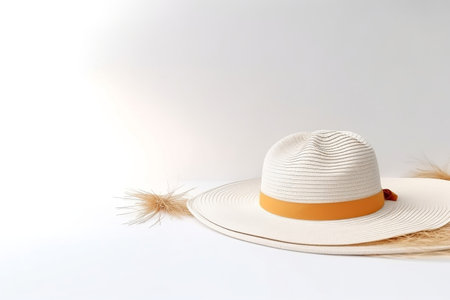 Summer straw hat with feather on white background, copy space for textの素材