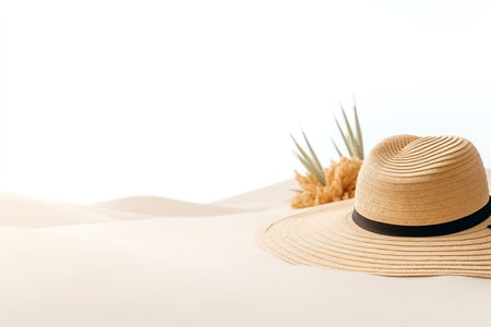 straw hat and flower on sand dune isolated on white backgroundの素材