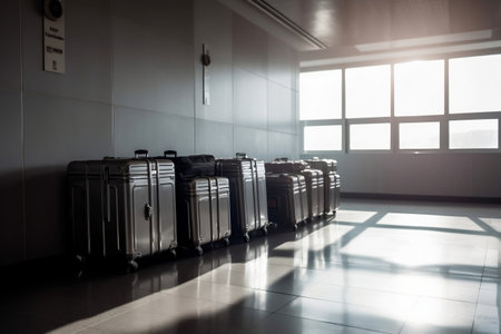 Row of luggage in airport terminal, ready for departure or travel.の素材
