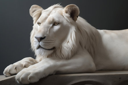 White lion lying on the table in front of a gray background.の素材