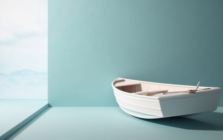 3d render of a white boat in a room with blue wallの素材