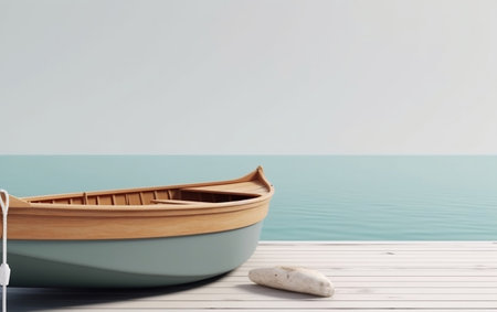 Wooden boat on a pier. 3d rendering mock-up.の素材