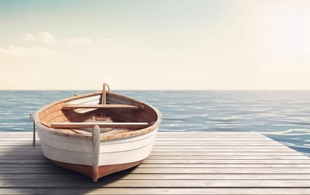 Wooden boat on a wooden pier on the sea background. 3d rendering