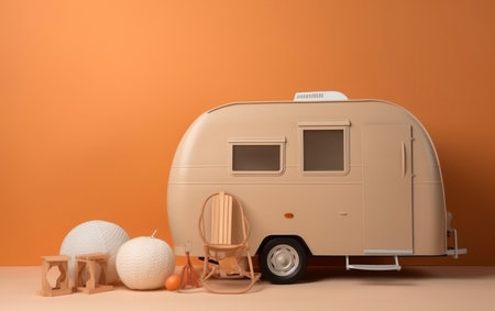 A studio photo of a camper trailer set up against an orange backgroundの素材