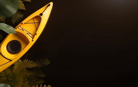 Yellow kayak on black background with tropical leaves. Copy-space.の素材