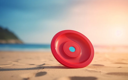 Red plastic sunblock on the beach with blue sea and sky backgroundの素材