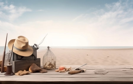 Fishing equipment on a wooden table on the background of the seaの素材