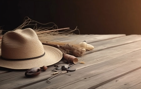 Straw hat and tools on a wooden table. Vintage-style.の素材