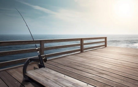 Fishing rod on a wooden pier with sea and sky background.の素材