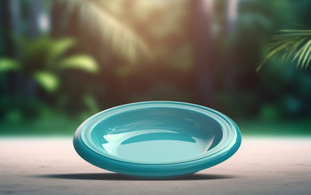 Blue ceramic bowl on a wooden table in the garden. 3d renderingの素材