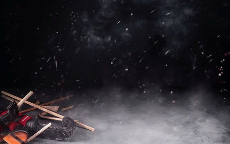 Ice hockey stick on a black background with smoke and snow. Copy-space.の素材
