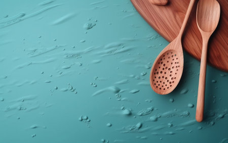 Wooden kitchen utensils on a blue background with water dropsの素材