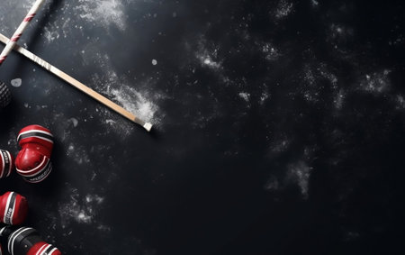 Hockey equipment on a dark background. Top view. Copy-space.の素材