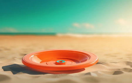 Orange plastic tray on the beach with sea and blue sky background.の素材