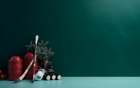 Hockey equipment, hockey sticks, hockey puck and puck on green backgroundの素材