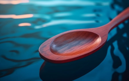 Wooden spoon on the surface of the water in the pool.の素材