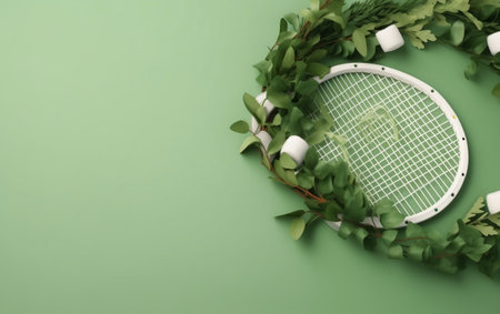 Tennis racket with green leaves on a green background. top viewの素材