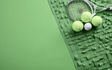 Tennis racket and balls on green background, flat lay. Space for textの素材