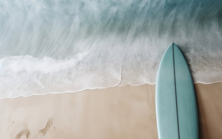 Turquoise surfboard on the beach with wave and sand.の素材