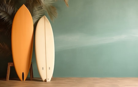 Surfboards and palm tree on the background of a green wallの素材