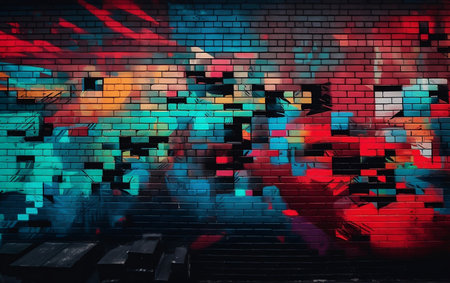 Dark brick wall with abstract colorful pattern. 3d rendering toned imageの素材