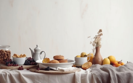 Breakfast table with oat cookies, pears and cornflakesの素材