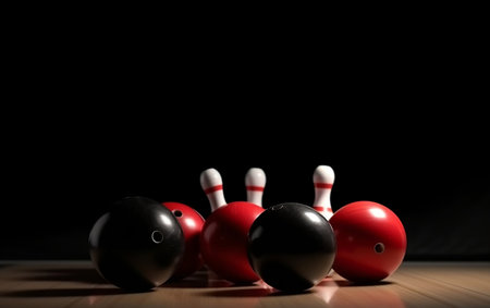 Bowling ball and skittles isolated on a black background.の素材
