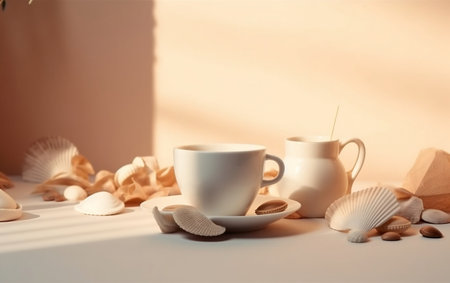 Coffee cup with seashells on white table in sunlightの素材