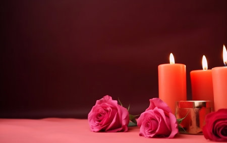 Valentine's day background with roses and candles on red backgroundの素材