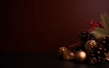Christmas composition. Christmas ornaments on dark background. Christmas, winter, new year concept. Copy-space.の素材