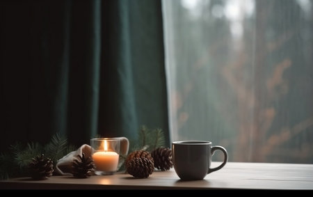 Cup of coffee, candles and fir branches on the windowsillの素材