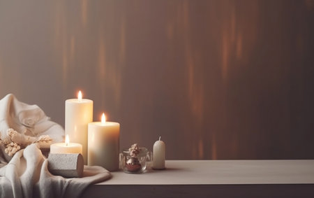 Burning candles on wooden table in spa salon, space for textの素材