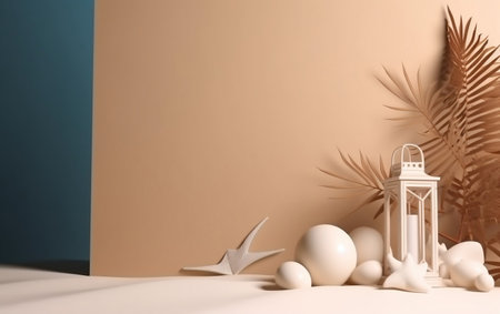 3d rendering of minimal geometric shapes composition with white lantern and palm leaf on pastel color background.の素材