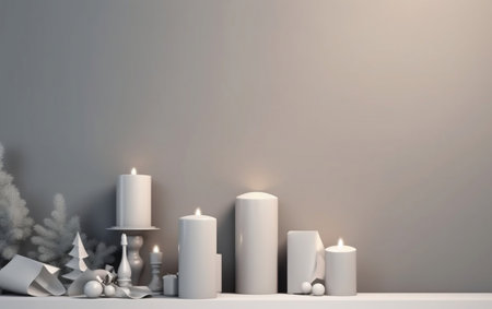 3d rendering christmas ornaments and candles in white roomの素材