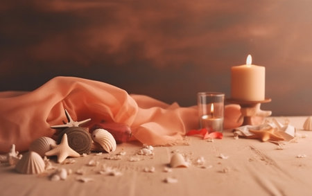 still life with seashells, candles and orange fabric on brown backgroundの素材