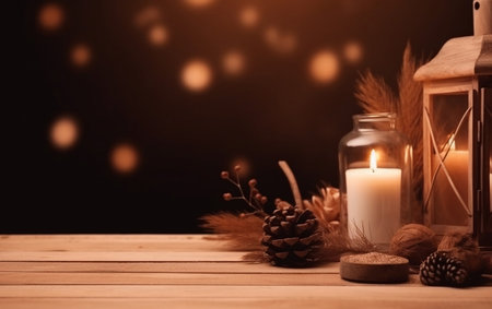 Candlelight and pine cones on wooden table with bokeh backgroundの素材
