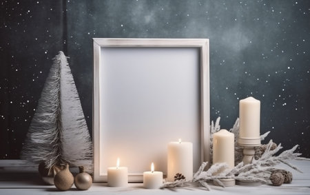 Mock up frame with Christmas decorations, candles and fir tree branches on wooden backgroundの素材