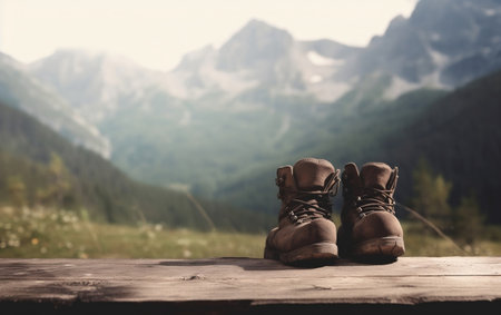 Hiking boots on a wooden table against the background of the mountainsの素材