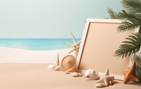 Summer background with blank photo frame, seashells and palm leaves on sandy beach. 3D Renderingの素材