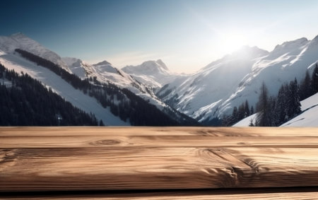 Wooden table top on winter mountains background. Ready for product display assemblyの素材