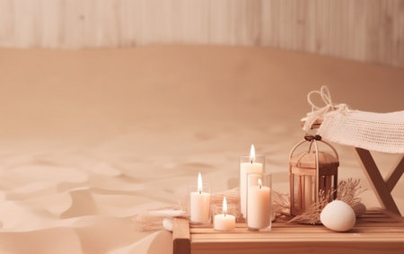Beautiful spa composition with candles on wooden deck chair on sand backgroundの素材