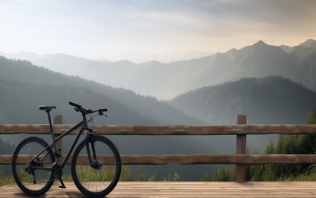 Bicycle on a wooden terrace with mountains in the background.の素材