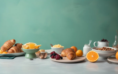 Breakfast with coffee, croissants, fruits and cerealsの素材