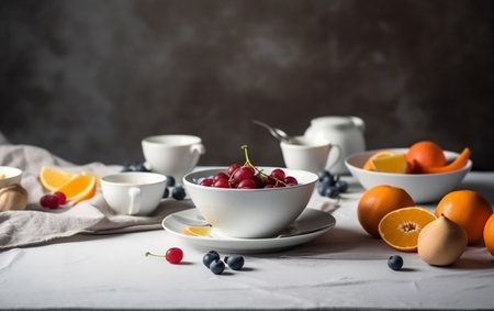 Healthy breakfast with fresh fruits and berries on a white table.の素材